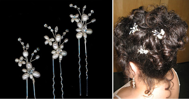 Pearl and rhinestone vine hairpins